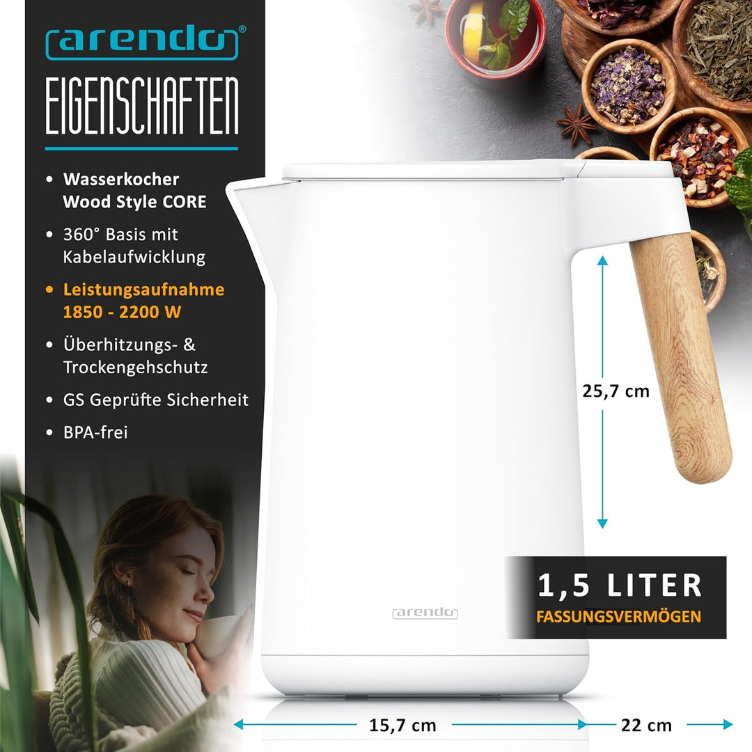 Arendo - Wasserkocher Edelstahl – 1,5 Liter - 2200 Watt – Doppelwand-Design – 360° Controller – BPA-