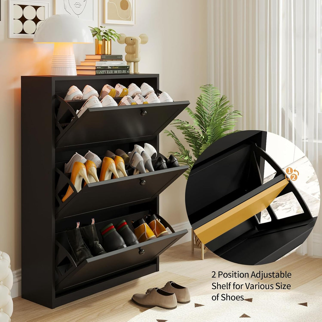 VOWNER Schuhschrank mit 3 Klappen, Schuhregal Schuhkipper Schmal, Schuhschrank Schwarz, mit 6 Fächer