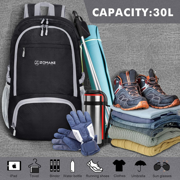 ZOMAKE Leicht Faltbarer Rucksack Packbare Backpacks 30 L,Kleiner Faltbar Wanderrucksack Wasserdicht