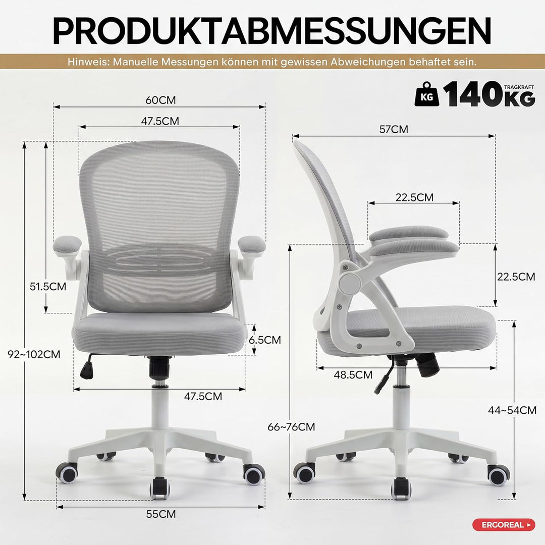 Ergonomischer Bürostuhl, 90-110° Verstellbare Rückenlehne & Aufklappbare Armlehnen (90°), Bürostuhl
