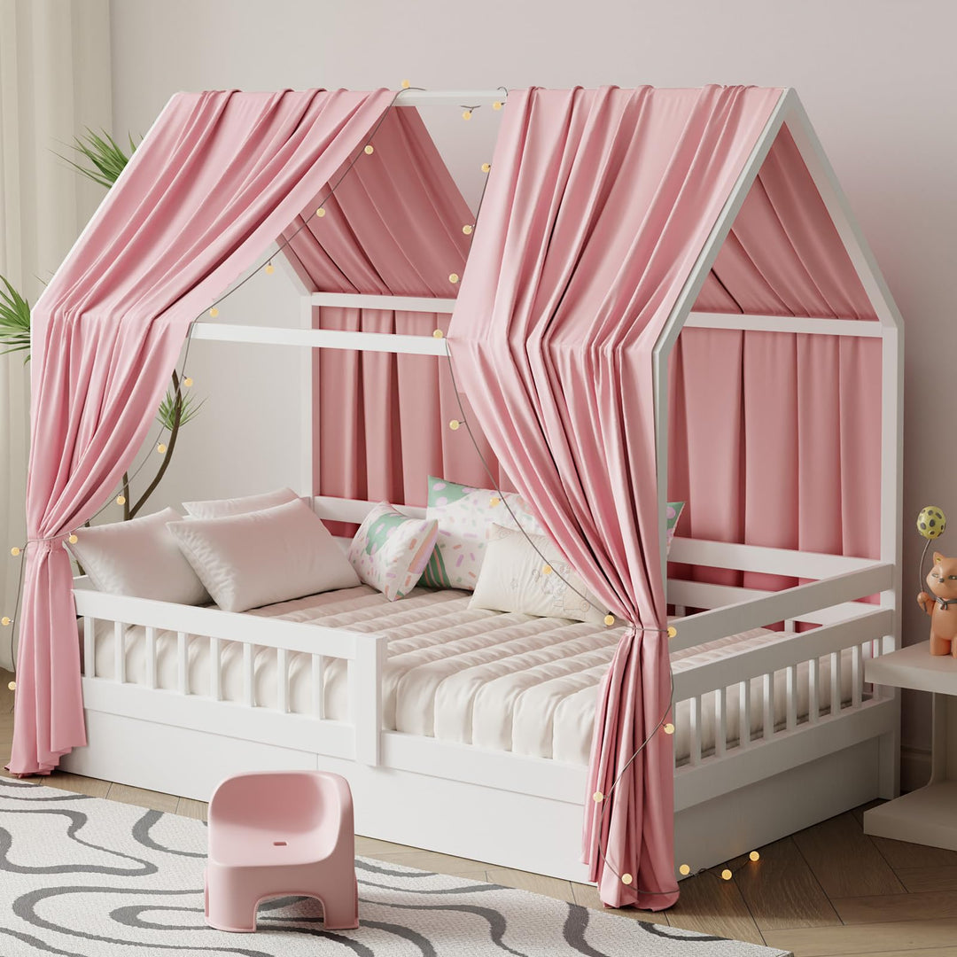 Hausbett Himmel mit Lichterkette Deko 2 Stück 135 x 350 cm Rosa | Baldachin Hausbett Vorhang,Betthim