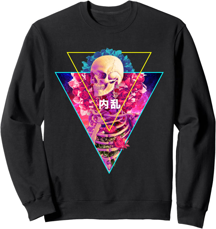 Vaporwave Skelett mit Blumen innerer Turmoil Japanischer Kanji Sweatshirt