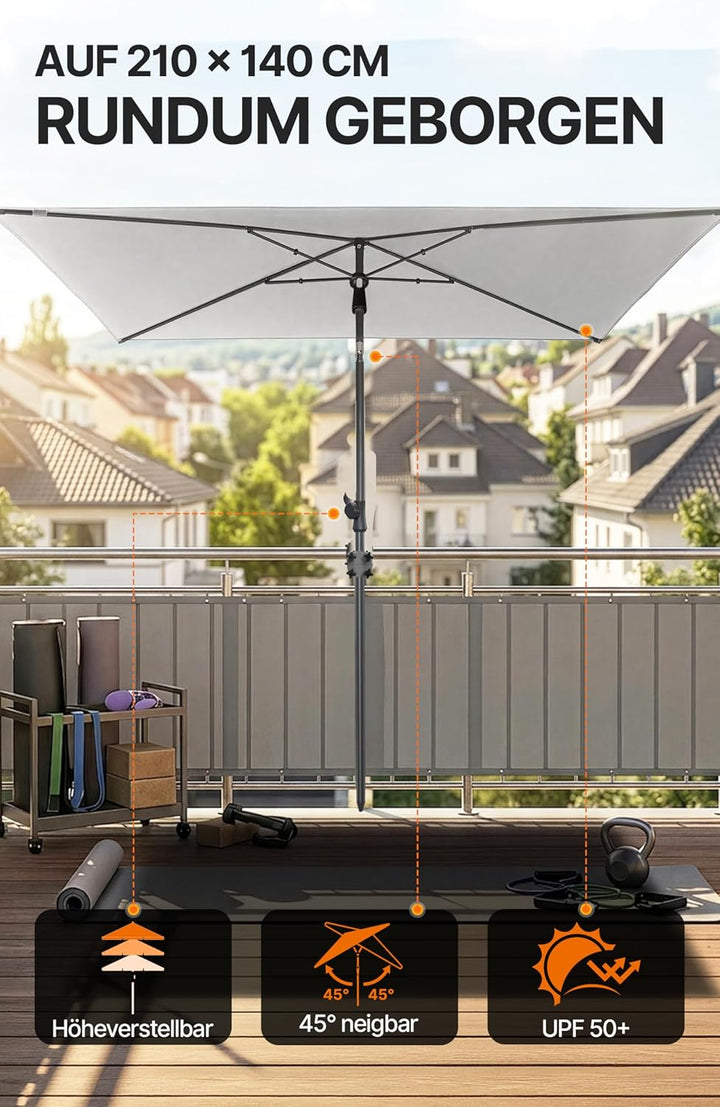 4smile SunnyShade Balkonschirm Rechteckig 210x140 cm, Sonnenschutz Balkon mit UV 50+, Sonnenschirm B