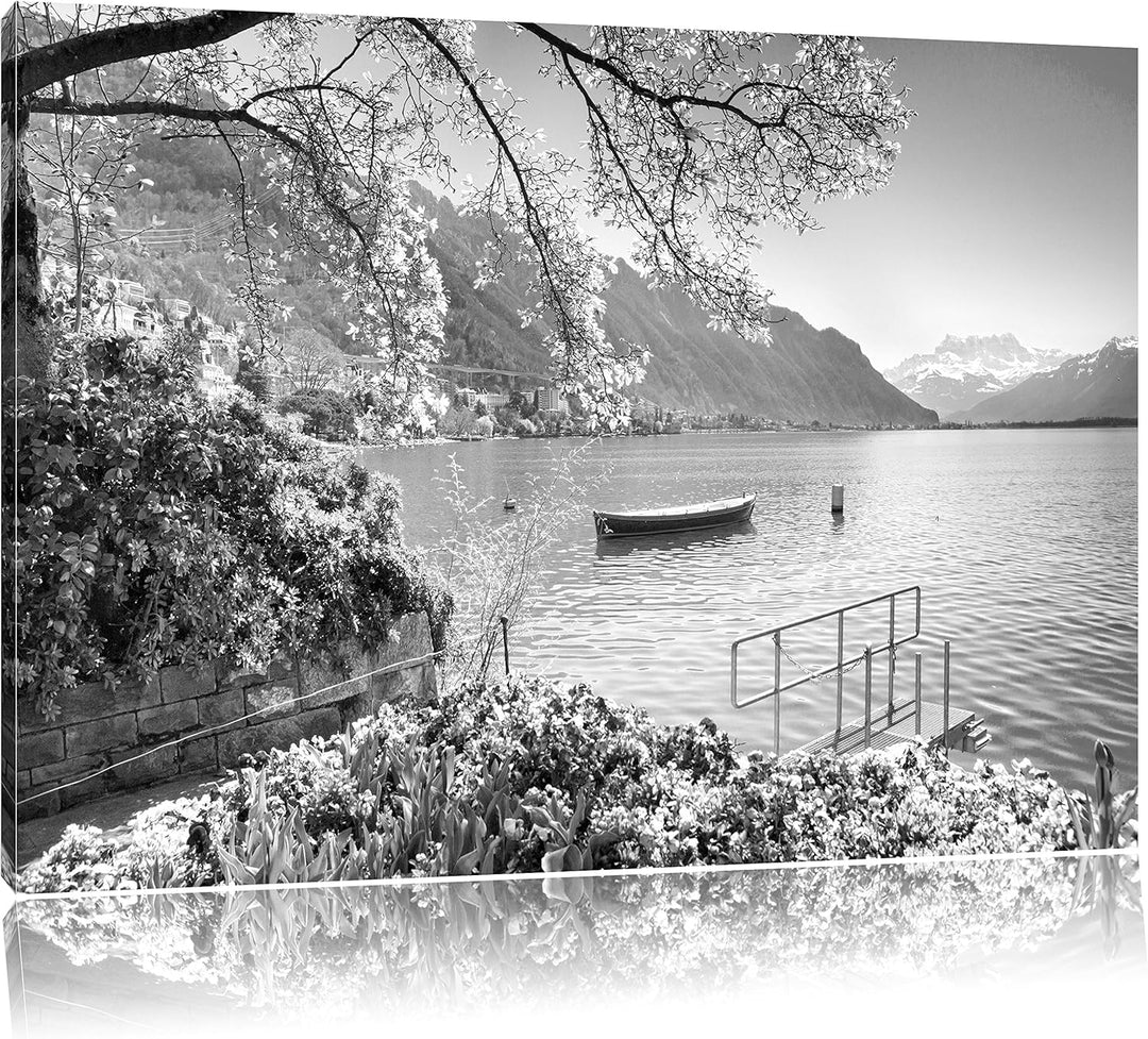 Pixxprint Genfer See im Sonnenschein als Leinwandbild | Grösse: 100x70 cm | Wandbild | Kunstdruck |