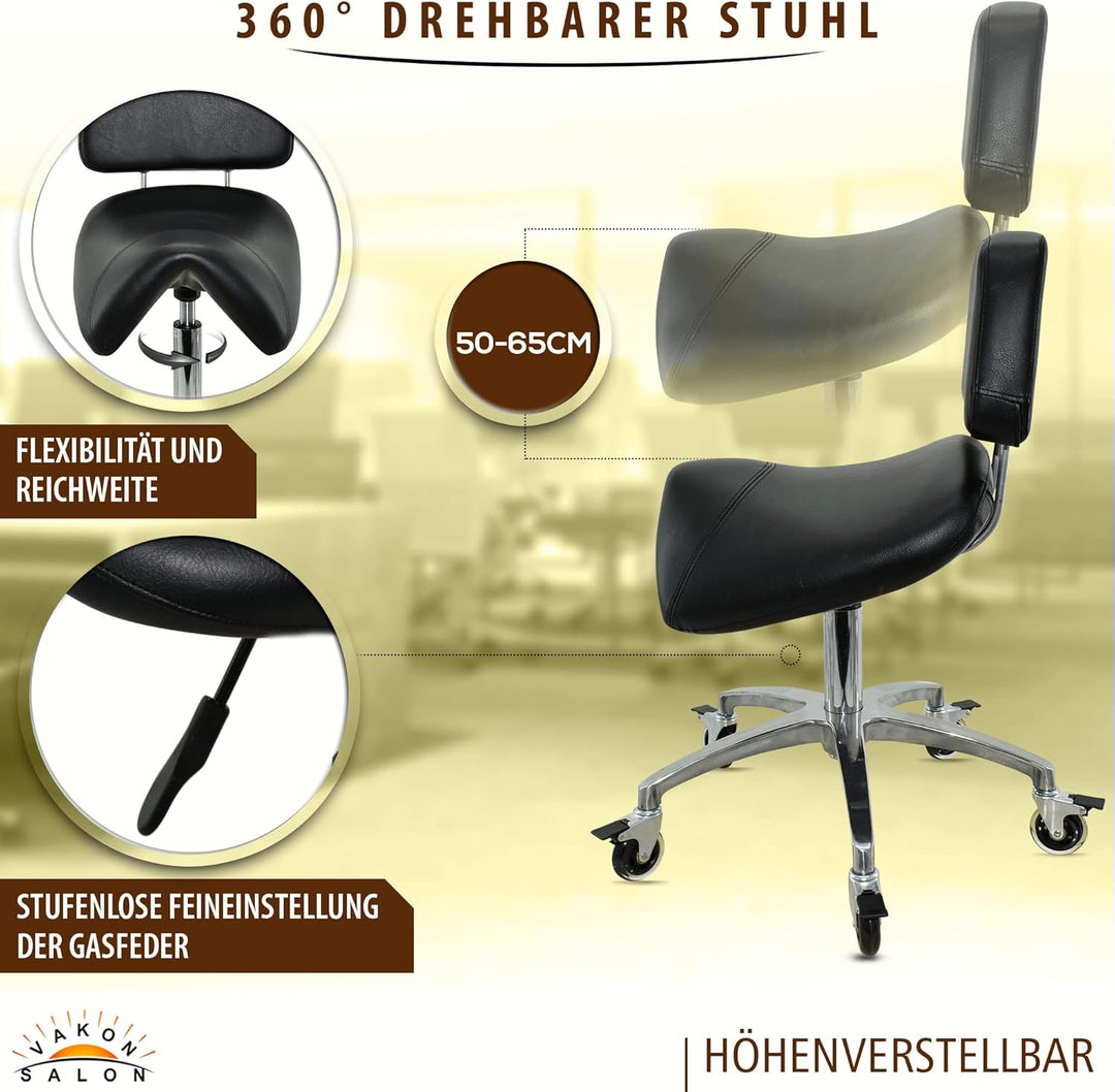 Premium Sattelhocker schwarz mit Bremse und Lehne, Sattelstuhl für Rückenentlastung, Rollhocker höhe