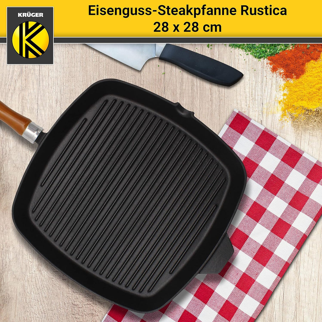 KRÜGER Gusseisen-Grillpfanne mit Holzgriff - 28 x 28 cm - emailliert - hohe Hitzebeständigkeit und l