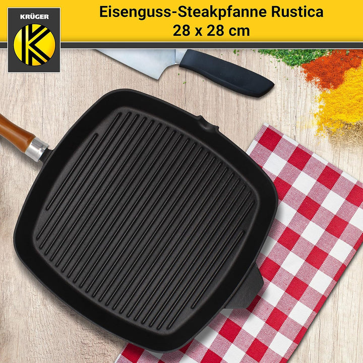 KRÜGER Gusseisen-Grillpfanne mit Holzgriff - 28 x 28 cm - emailliert - hohe Hitzebeständigkeit und l