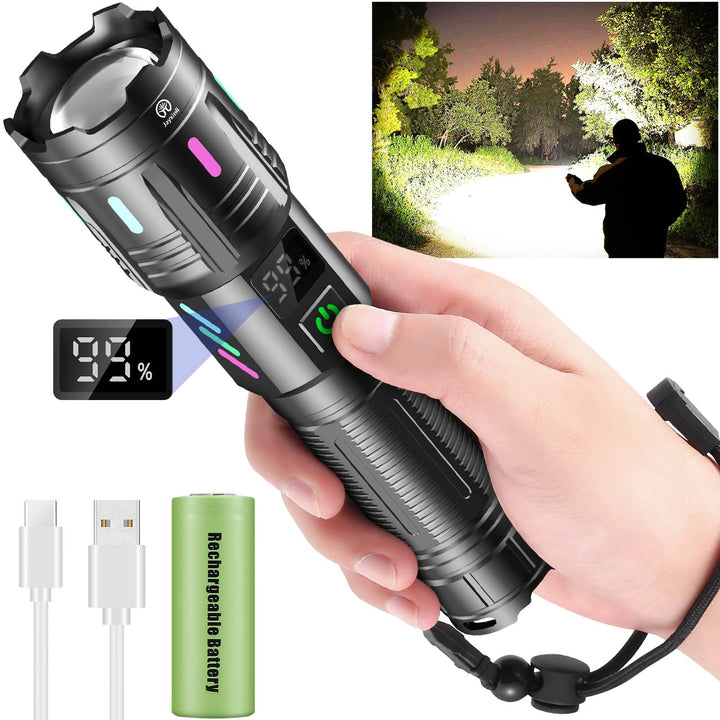 Jayxinli Taschenlampe 500000 Lumen, Aufladbar, Extrem Hell, Starke, Zoombar, 5 Lichtmodi für Camping