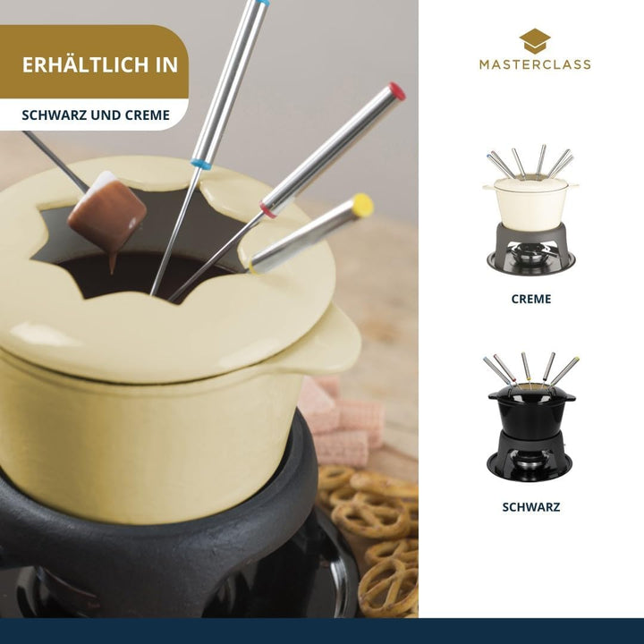 MasterClass Fleisch-/Käse-/Schokoladen-Fondue-Set aus Gusseisen, mit Sechs Edelstahlgabeln, 21 x 18