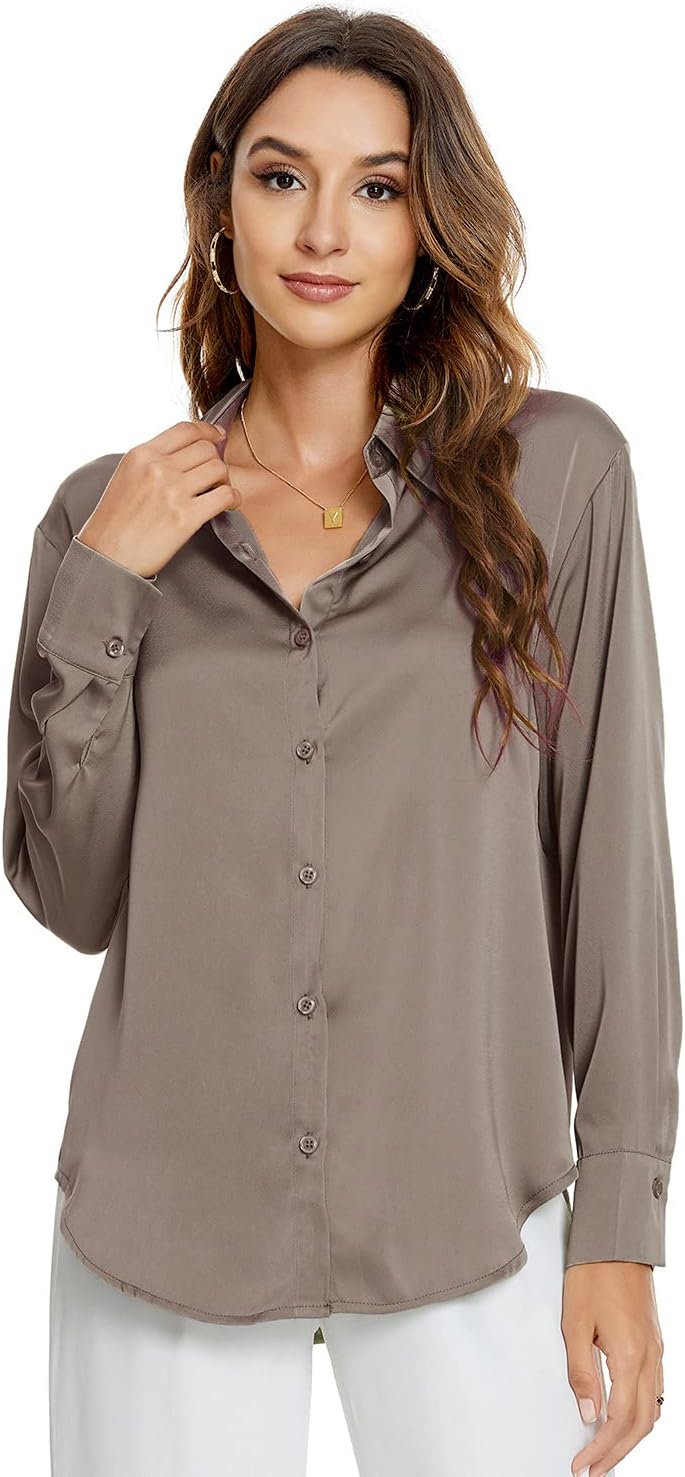 Atnlewhi Damen Bluse Langarm Knöpfen Satin Seide Hemden Basic Kent Kragen Arbeit Büro Formelle Casua