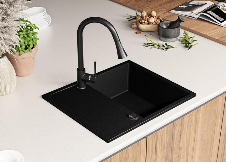 Granitspüle Schwarz 62x50 cm, Spülbecken + Ablauf-Set + Küchenarmatur 9050, Küchenspüle für 45er Unt
