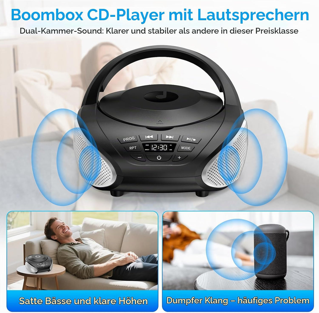 Gueray Tragbarer CD-Player Boombox Kompakt-Radio mit Stereo-Lautsprechern UKW-Radio 3,5-mm-AUX-Einga