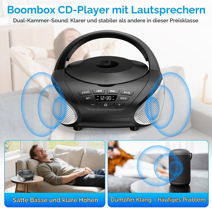 Gueray Tragbarer CD-Player Boombox Kompakt-Radio mit Stereo-Lautsprechern UKW-Radio 3,5-mm-AUX-Einga