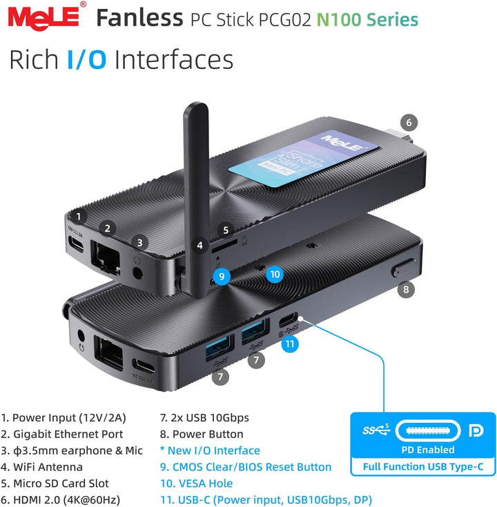 MeLE PCG02 Mini PC Stick mit Windows 11 Pro, lüfterloser N100 PC, 8 GB RAM, 256 GB Speicher, voll fu