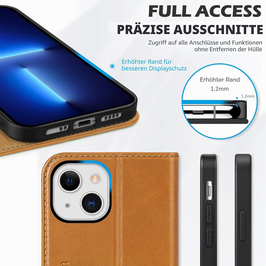 SHIELDON Hülle für iPhone 13 Mini, Schutzhülle [Rindsleder] [Stossfest] [Kartenfächer] [Magnetversch