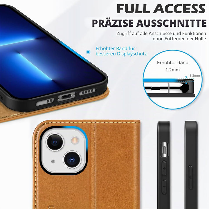 SHIELDON Hülle für iPhone 13 Mini, Schutzhülle [Rindsleder] [Stossfest] [Kartenfächer] [Magnetversch