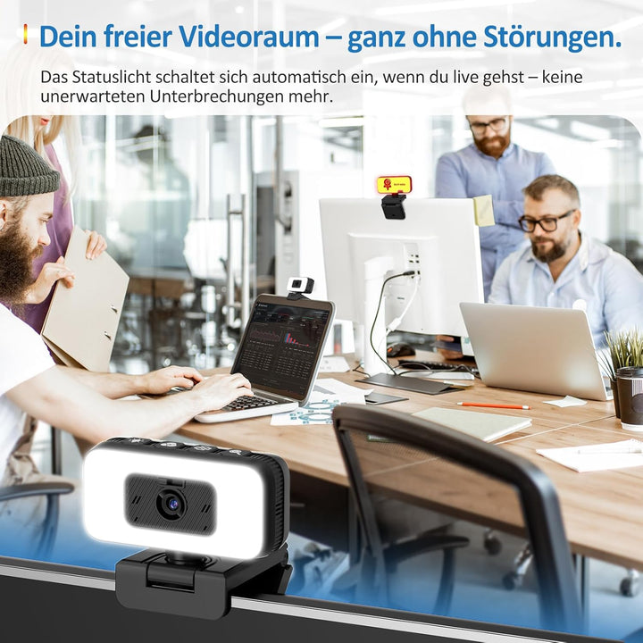 2K Webcam mit Mikrofon und Abdeckung – USB PC Kamera mit Licht, Zoom, Flip, Privacy-Cover – Externe