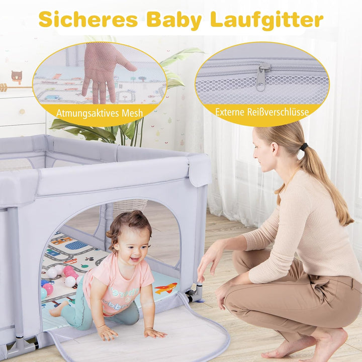 GOPLUS 189x158 cm Laufstall Baby, Laufgitter mit atmungsaktiver Netz, 4 Reissverschlusstür, Tragetas