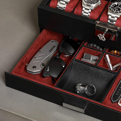 ROTHWELL Leder-Uhrenbox 10 Fächer mit Schublade, Luxus-Uhrenetui mit weichen Kissen, abschliessbarer