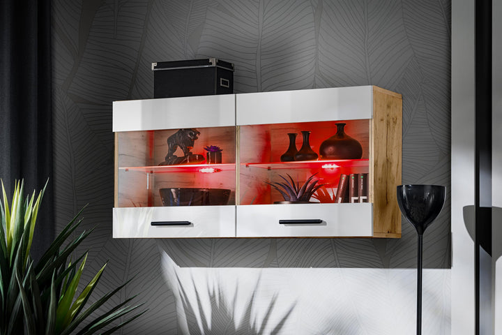 Komodee, Vitrine Schrank Savona, Wotan/Weiss, Breite 100cm x Höhe 50cm x Tiefe 30cm, LED RGB, 2 Glas