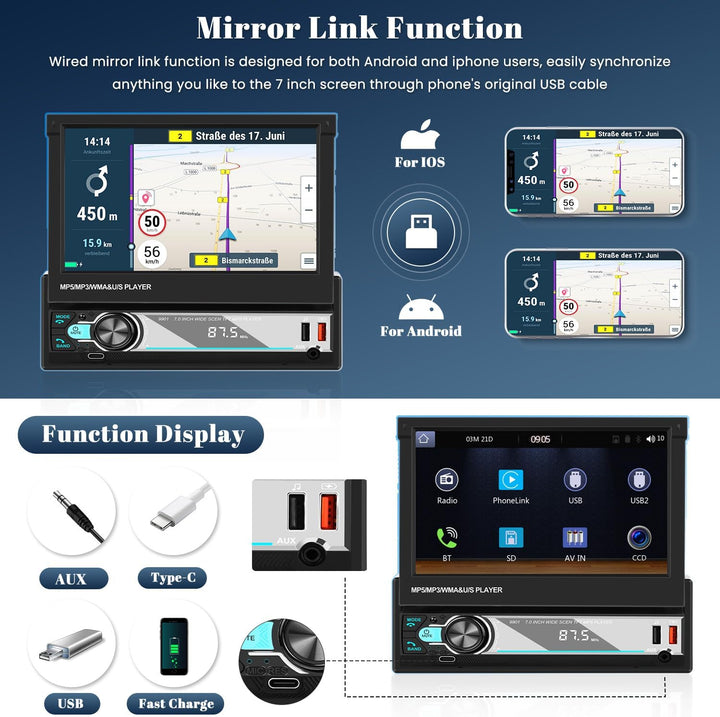 Hikity AM FM Autoradio 1 Din Wireless Carplay Android Auto, 7 Zoll Manuelle Ausfahrbarem Display Tou