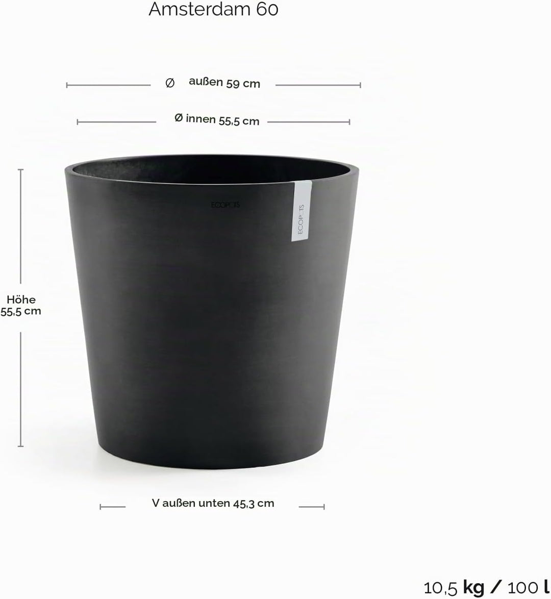 ECOPOTS Blumentopf Amsterdam Dunkel Grau - Durchmesser Ø 60 cm rund gross - Pflanzentopf aus Recycli