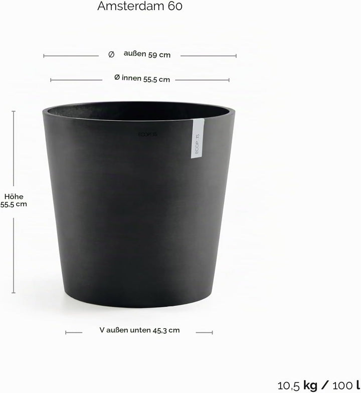 ECOPOTS Blumentopf Amsterdam Dunkel Grau - Durchmesser Ø 60 cm rund gross - Pflanzentopf aus Recycli