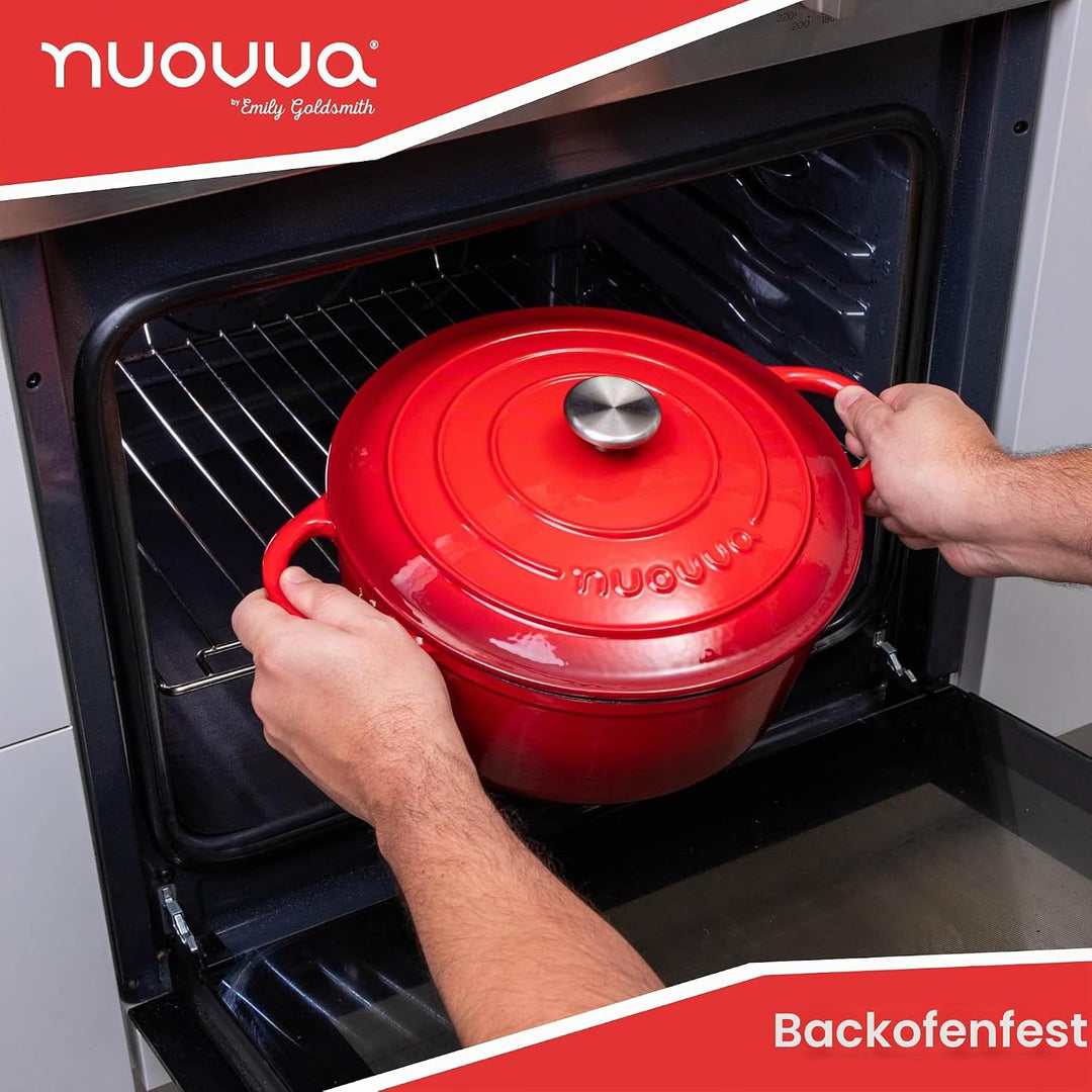 Gusseisen Dutch Oven mit Deckel – Emaille-Topf mit Antihaft, Ofenfest bis 260°C – Rot, 6.9 Liter, 30