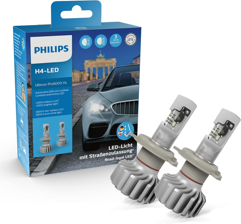 Philips Ultinon Pro6000 H4-LED Scheinwerferlampe mit Strassenzulassung, 230% helleres Licht, 5.800K