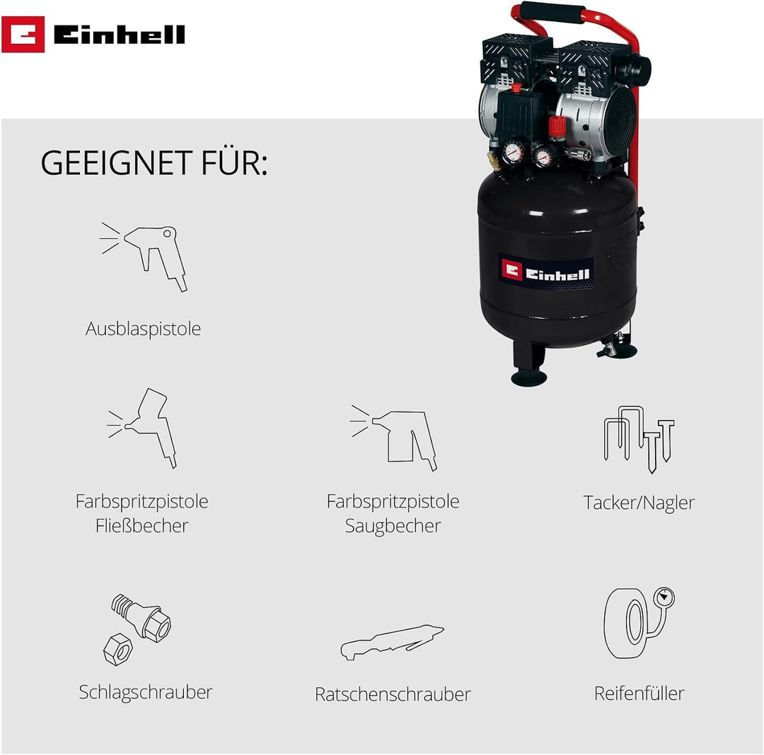 Einhell Kompressor TE-AC 24 Silent (leiser Kompressor, 750 W, max. 8 bar, öl- und servicefreier Moto