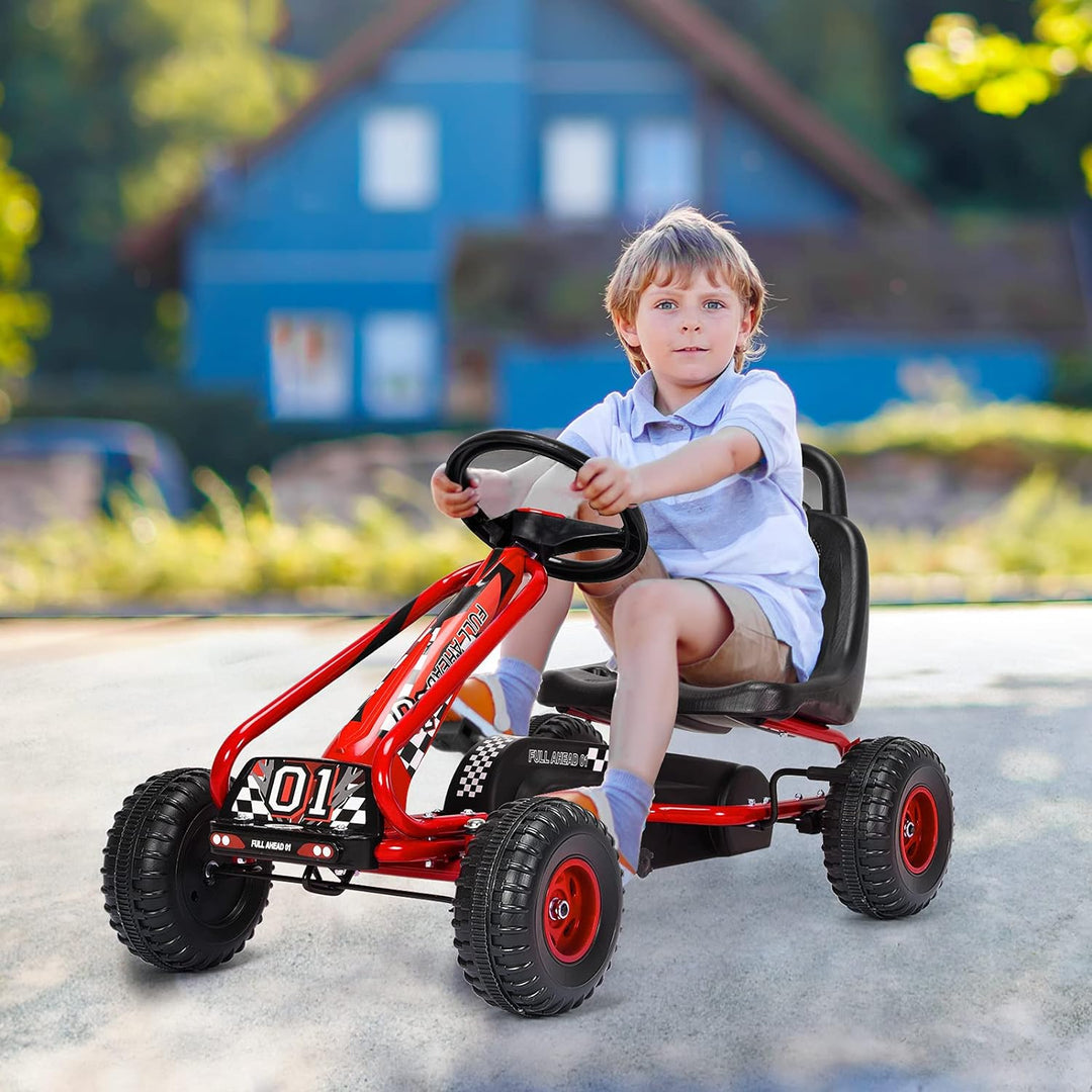 GOPLUS Gokart mit verstellbarem Sitz, Tretauto mit Handbremse und geschlossener Kettenabdeckung, Vor