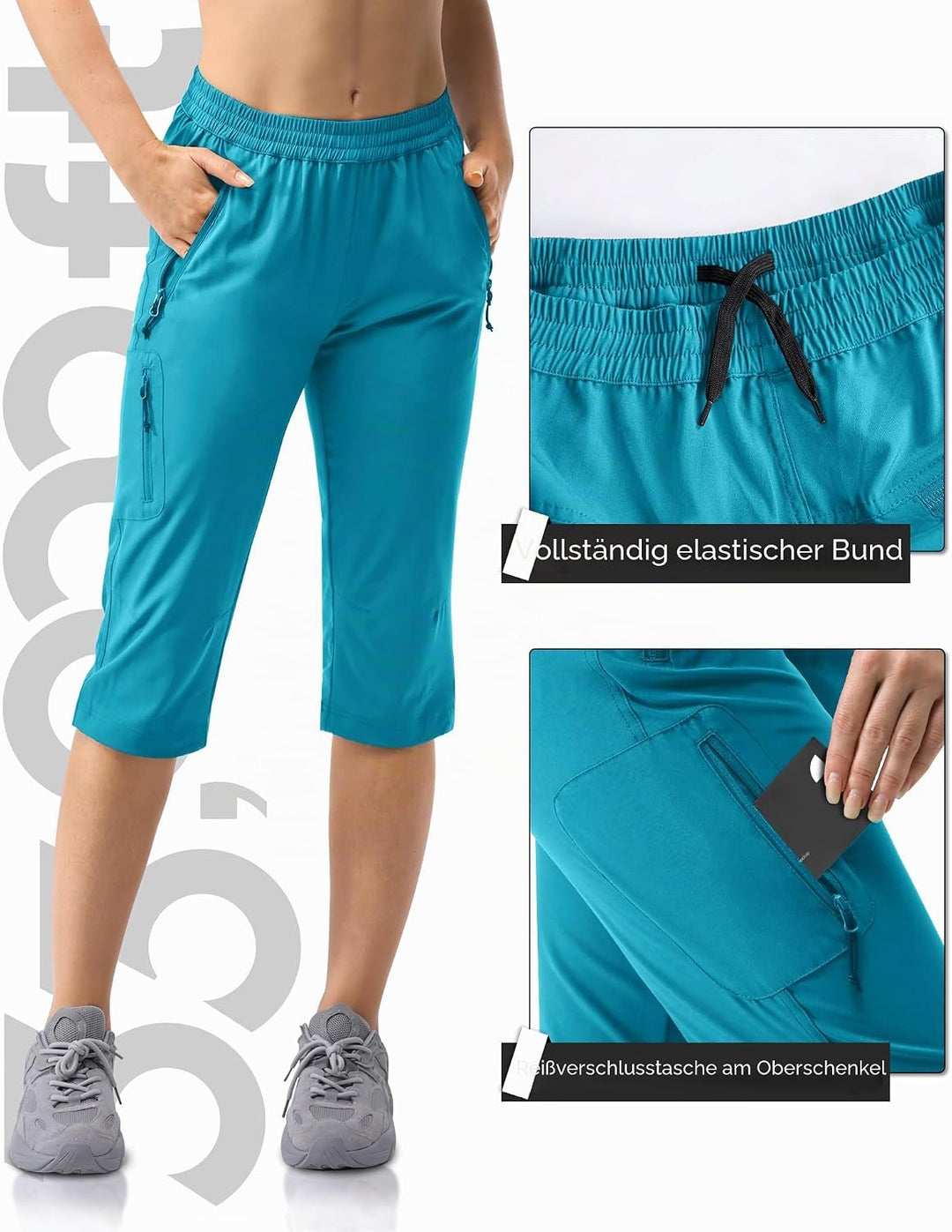 33,000ft Damen 3/4 Hose Capri Wanderhose Stretch Leichte Radhose Taschen Sommer Outdoor Golf Hose 38