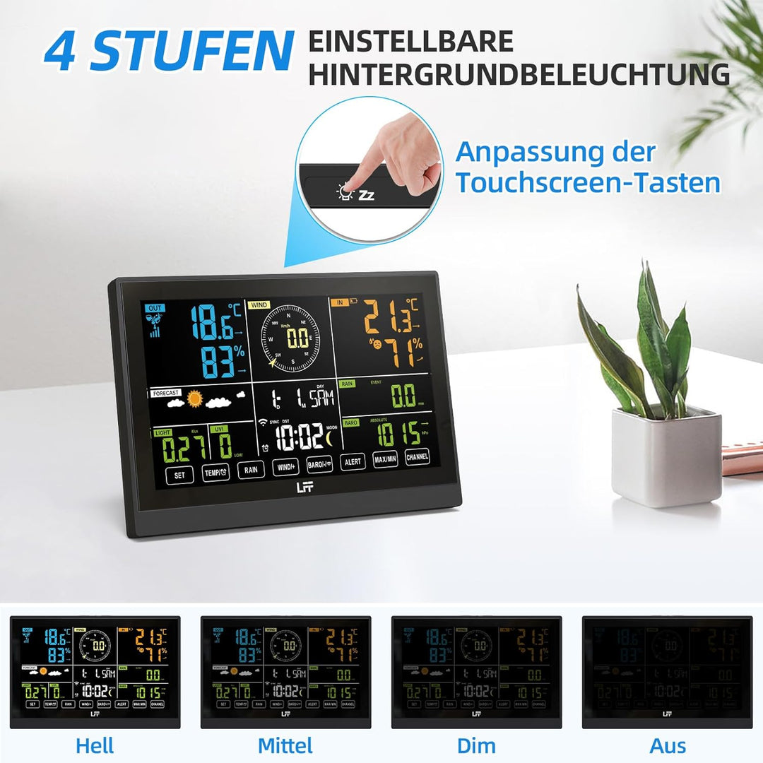 LFF WLAN Wetterstation mit 7in1 Funk Aussensensor, Funkwetterstation mit 7,5-Zoll Digital, Regenmess