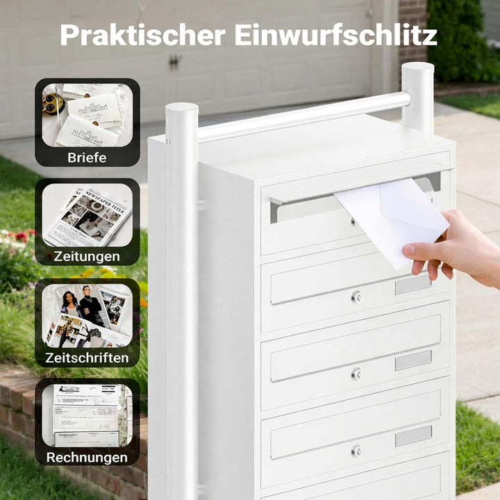 Wiltec 6er Briefkastenanlage weiss 270 x 513 x 1500 mm, Standbriefkasten mit 6 Fächern, Schlüssel un