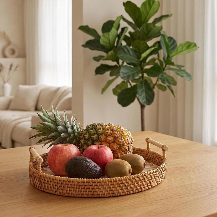Rattan Serviertablett mit Griffen, Handgewebtes Wicker-Tablett Dekotablett Rund Aufbewahrungsplatten