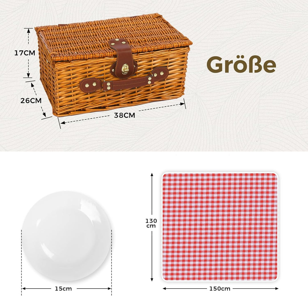 Picknickkorb Set für 2 Person mit Kühlfach und wasserdichte Picknickdecke, Abnehmbarer Riemen, Weinb