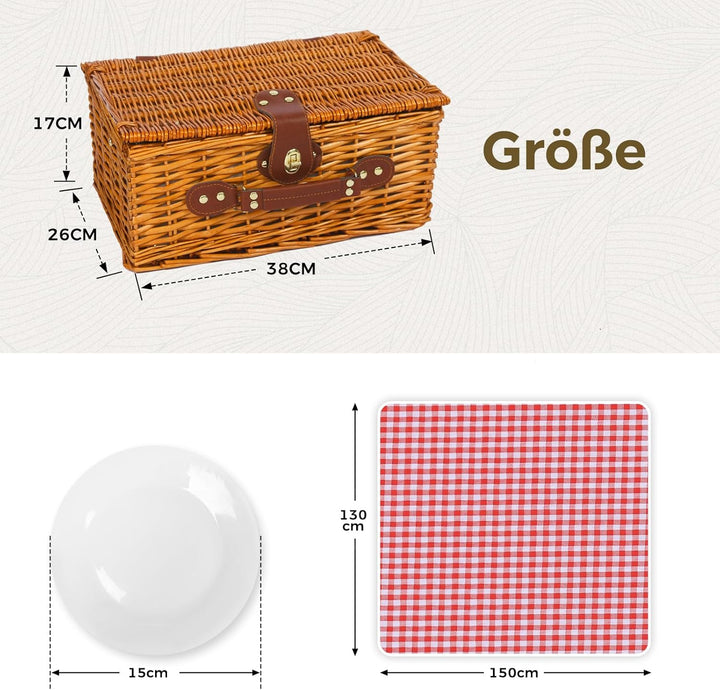 Picknickkorb Set für 2 Person mit Kühlfach und wasserdichte Picknickdecke, Abnehmbarer Riemen, Weinb