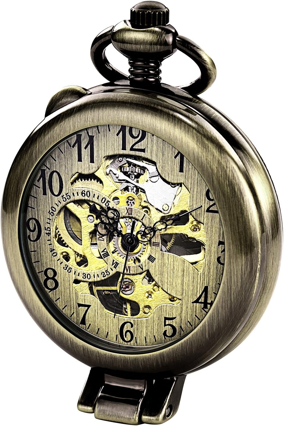 TREEWETO Unisex Taschenuhr mit Kette Analog Handaufzug Stehende Lupe Skelett Bronze