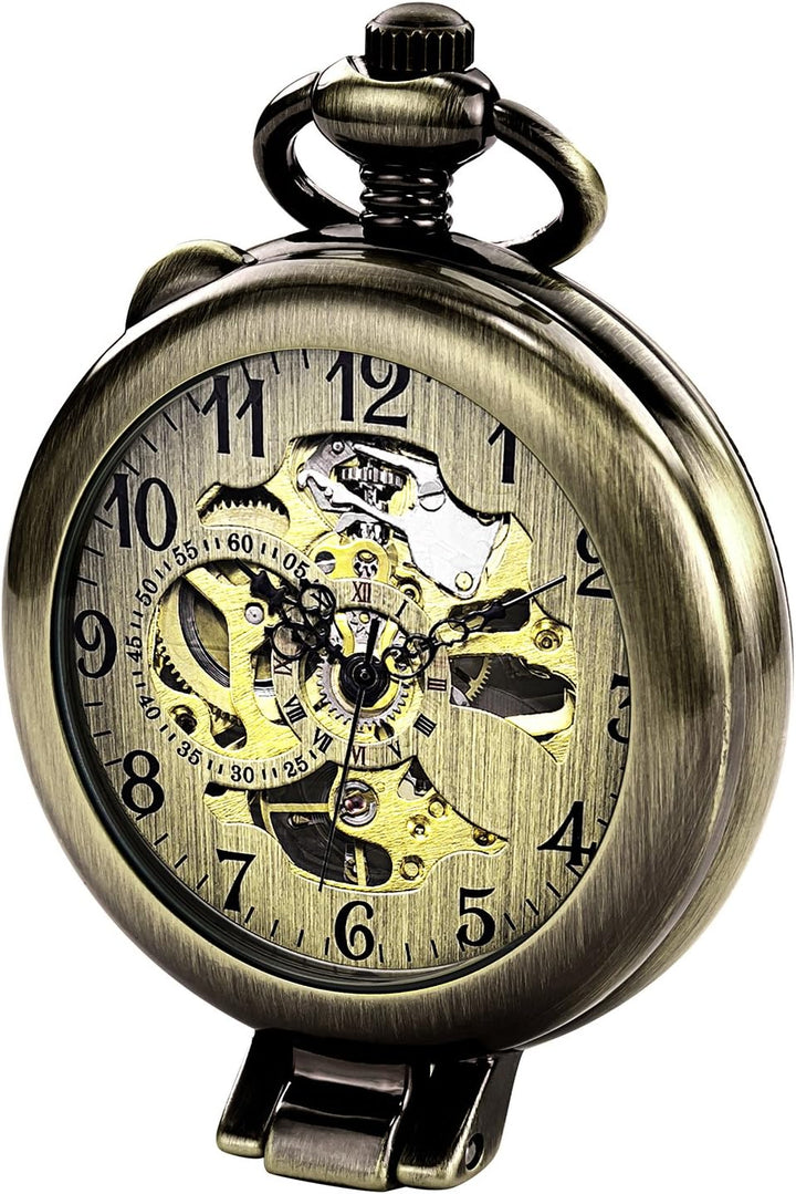 TREEWETO Unisex Taschenuhr mit Kette Analog Handaufzug Stehende Lupe Skelett Bronze