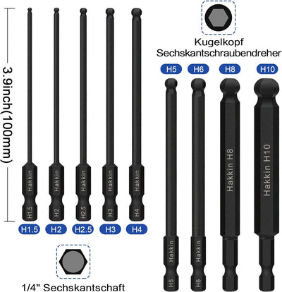 Hakkin 9 Stück 1/4" Kugelkopf Sechskant Schraubendreher Bit 100mm Sechskant Magnetischen Innensechsk