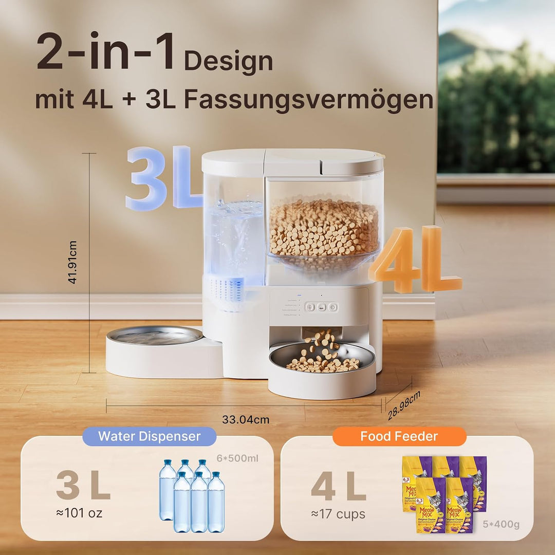 Futterautomat Katze, Katzenfutter Automat und Katzenbrunnen 2 in 1 Weiss, Weiss