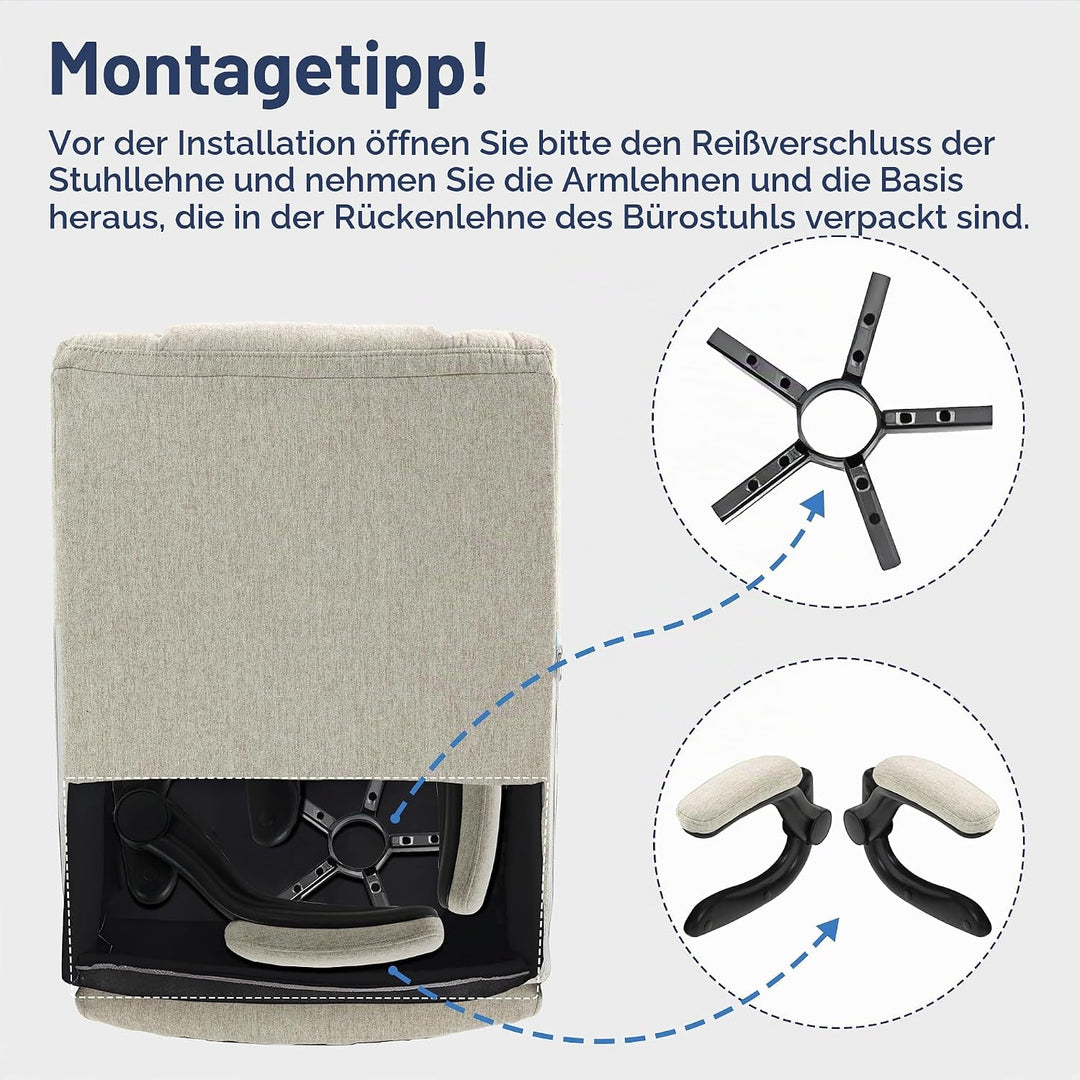 Bürostuhl Ergonomischer Computerstuhl 150KG Belastbarkeit Chefsessel Stoff Flip-up Armlehnen/110° Wi