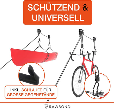 RAWBOND® Universal Deckenlift für bis zu 57 kg - Praktischer Fahrradlift mit Seilzug für deine Garag
