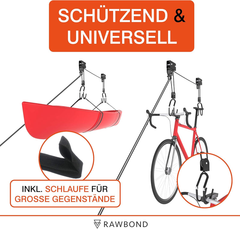 RAWBOND® Universal Deckenlift für bis zu 57 kg - Praktischer Fahrradlift mit Seilzug für deine Garag