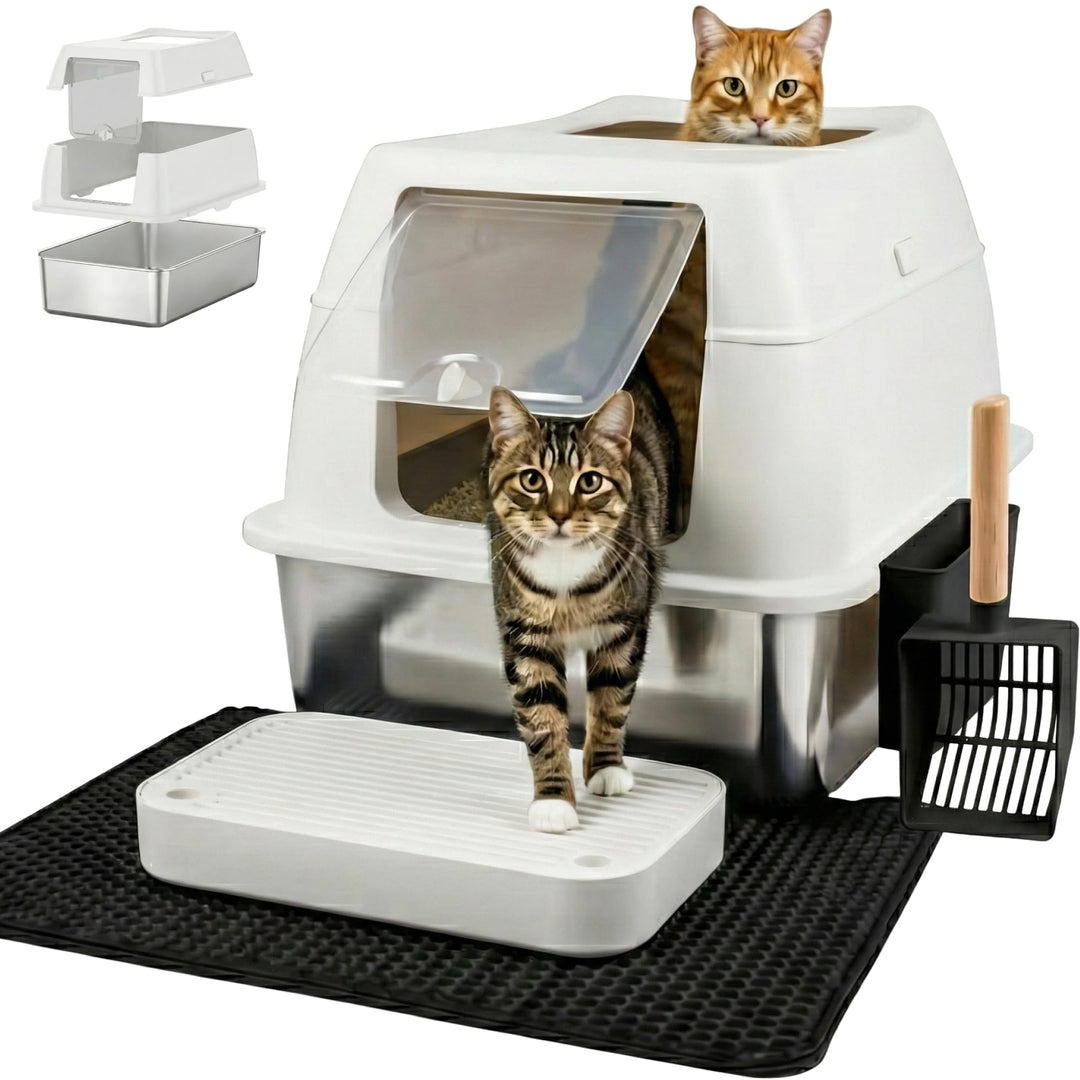 Katzenklo Edelstahl mit Deckel XXL – Geschlossene Katzentoilette mit 2 Eingängen, Trittstufe, Schauf