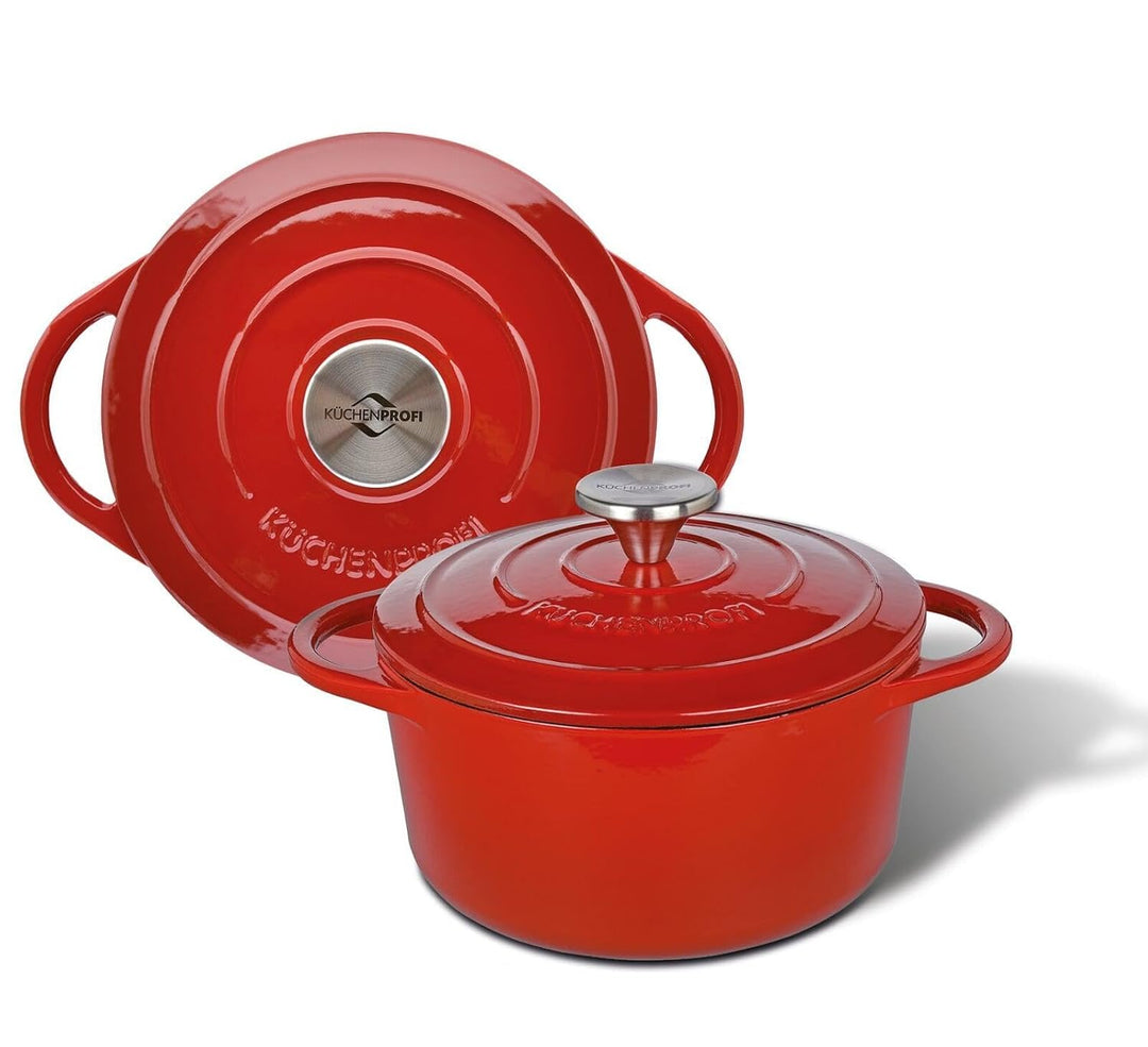 Küchenprofi Gusseisen Bräter mit Deckel, rot/innen schwarz, 28 cm, Schmortopf, Auflaufform, Dutch Ov