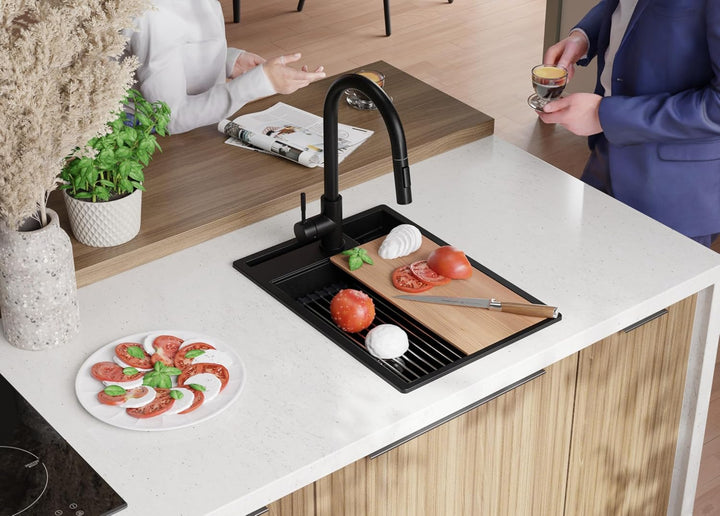 PRIMAGRAN Spülbecken Schwarz 38x53cm, Granitspüle 1 Becken + Ablauf-Set, Küchenspüle ab 40er Untersc