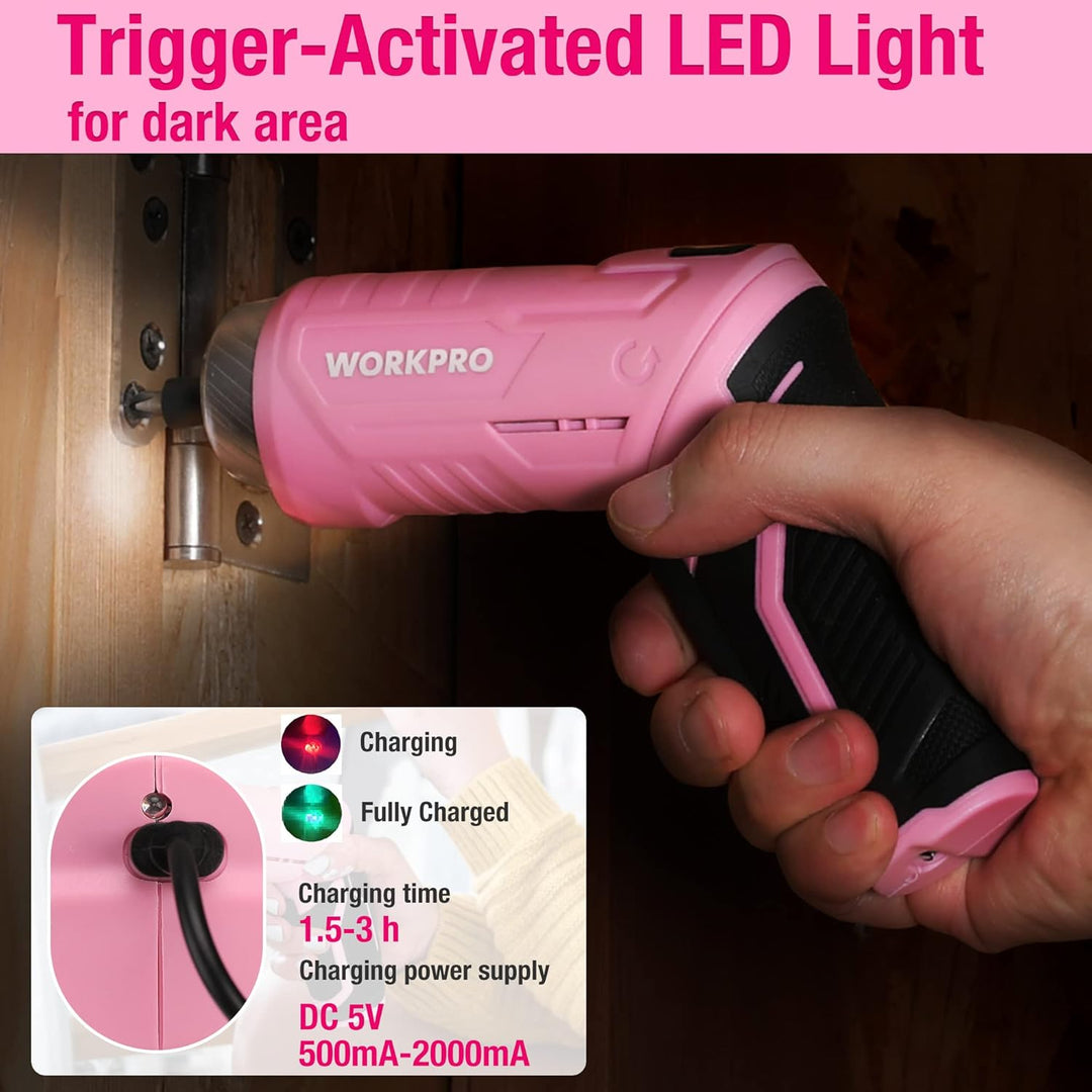 WORKPRO Werkzeugset Rosa pink 18 tlg. mit USB C Akkuschrauber klein, pinker Werkzeugkoffer gefüllt H