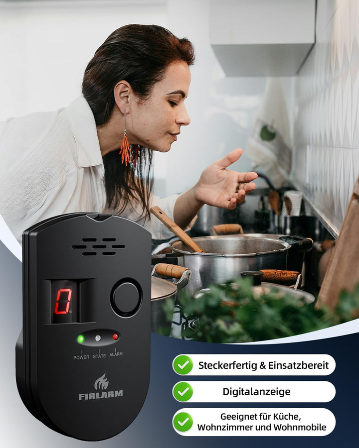 Firlarm Gasmelder, Plug-in Gaswarner mit LED Digitalanzeige und 85dB Alarm, Portable Methan Propan B
