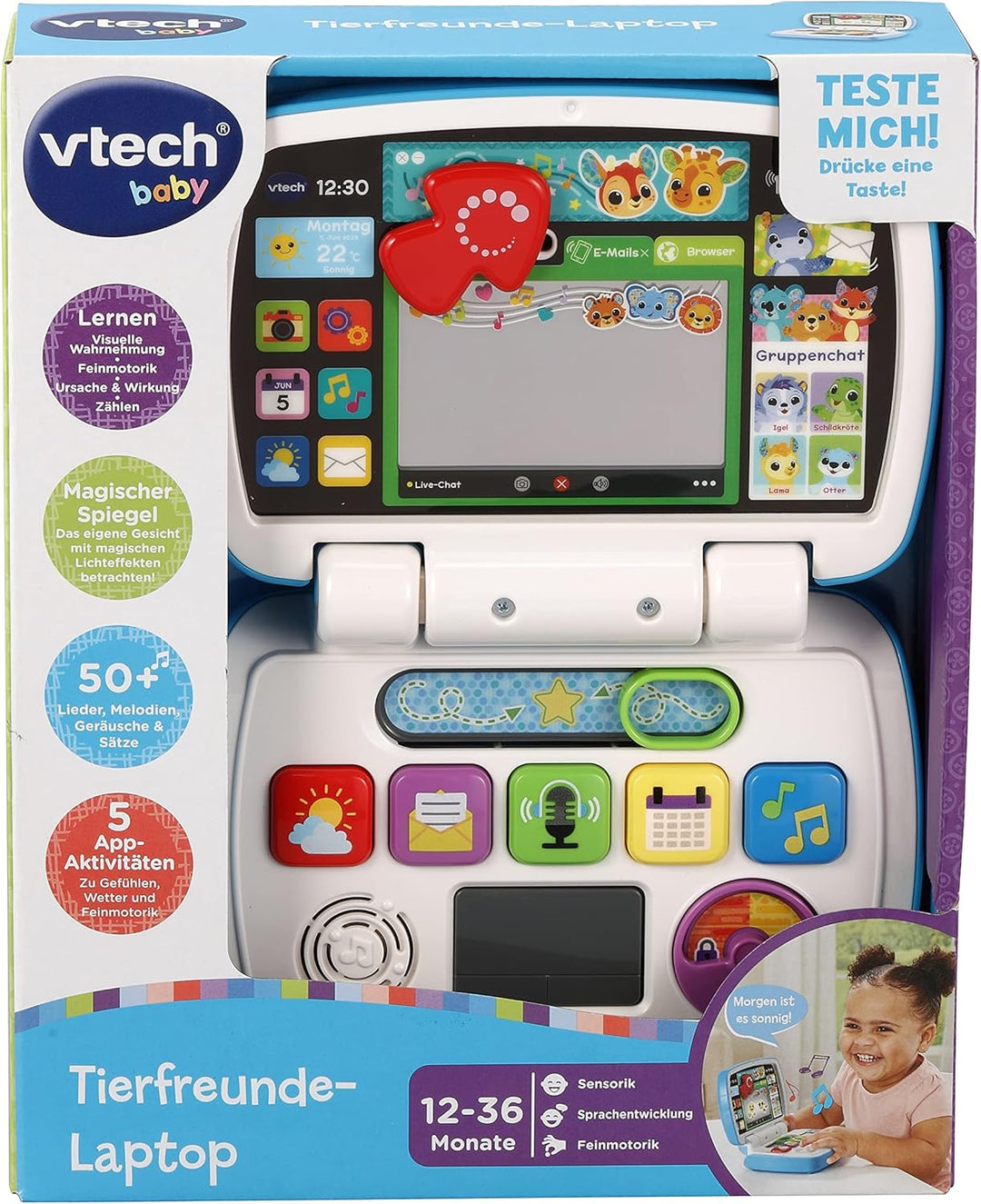 VTech Tierfreunde-Laptop – Baby-Lerncomputer mit Lerninhalten zu Wetter, Emotionen, Rollenspiel, Mus